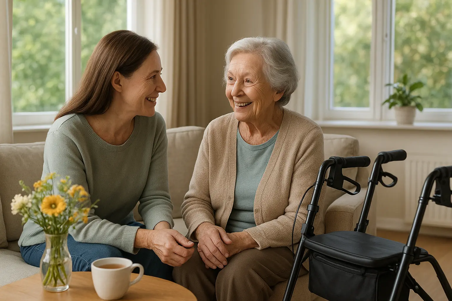ældre dame og kvinde sidder i sofaen ved siden af rollator
